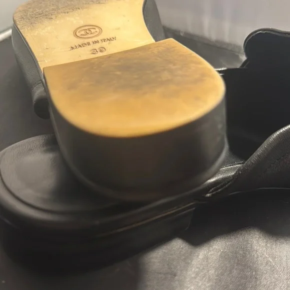 CHANEL Black Leather Mules with Gold Logo - Picture 6 of 13